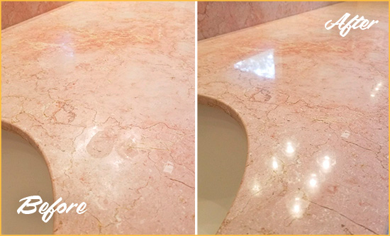 Before and After Picture of a Hartly Marble Stone Vanity Top Sealed to Avoid Water Marks