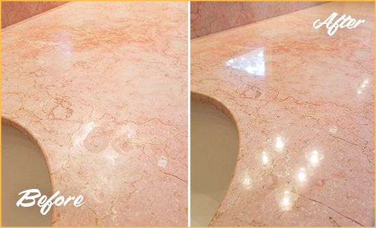 Sir Grout Seals this Clayton Marble Stone Vanity Top to to Avoid Water Marks Before and After Picture of a Clayton Marble Stone Vanity Top Sealed to Avoid Water Marks