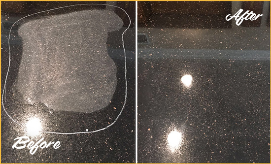 Before and After Picture of a Little Creek Granite Kitchen Countertop Honed to Eliminate Scratch