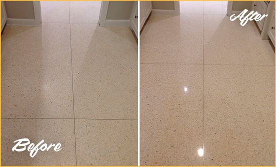Before and After Picture of a Dull Magnolia Granite Floor Honed to Recover Its Sheen