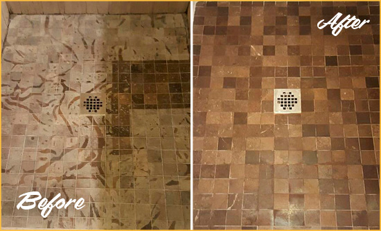 Before and After Picture of a Ardencroft Marble Shower Honed to Remove Etching