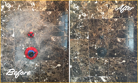 Before and After Picture of a Little Creek Marble Shower Honed to Remove Scratches