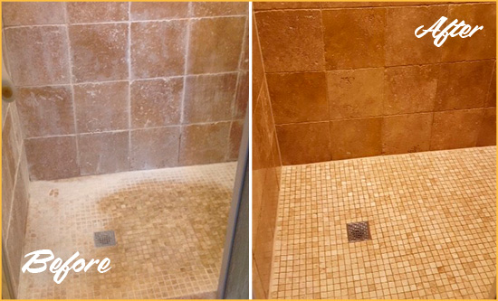 Before and After Picture of a Wilmington Travertine Shower Honed to Remove Mineral Deposits