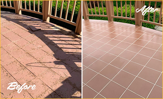 Before and After Picture of a Bear Hard Surface Restoration Service on a Tiled Deck