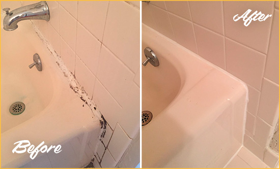 Before and After Picture of a Ardencroft Hard Surface Restoration Service on a Tile Shower to Repair Damaged Caulking