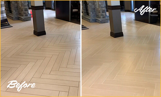 Before and After Picture of a Little Creek Hard Surface Restoration Service on an Office Lobby Tile Floor to Remove Embedded Dirt