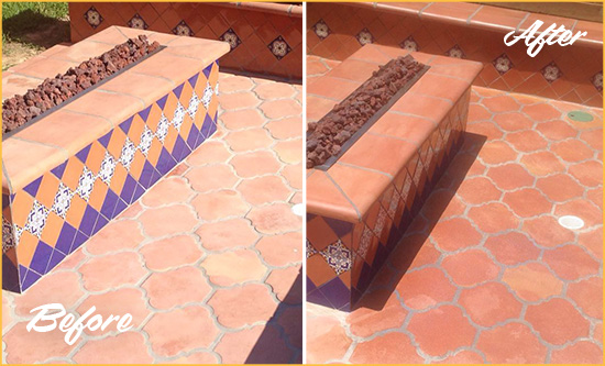 Before and After Picture of a Rockland Hard Surface Restoration Service on a Dull Terracotta Patio Floor to Recover Its Color