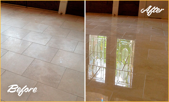 Before and After Picture of a Arden Hard Surface Restoration Service on a Dull Travertine Floor Polished to Recover Its Splendor
