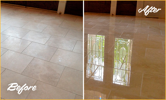 Before and After Picture of a Elsmere Hard Surface Restoration Service on a Dull Travertine Floor Polished to Recover Its Splendor