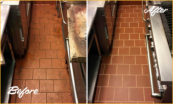 Before and After Picture of a Christiana Hard Surface Restoration Service on a Restaurant Kitchen Floor to Eliminate Soil and Grease Build-Up