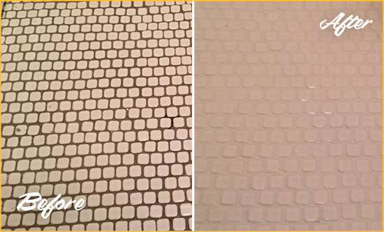 Before and After Picture of a Bear Hard Surface Restoration Service on a Bathroom Tile Floor Recolored to Fix Grout Color