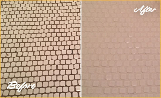 Before and After Picture of a Ardentown Hard Surface Restoration Service on a Bathroom Tile Floor Recolored to Fix Grout Color