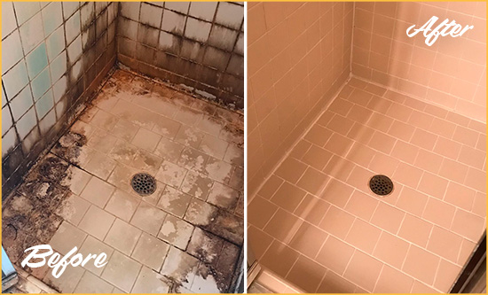 Before and After Picture of a Greenville Hard Surface Restoration Service on a Tile Bathroom to Repair Water Damage