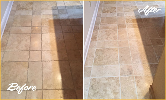 Before and After Picture of St. Georges Kitchen Floor Grout Cleaned to Recover Its Color