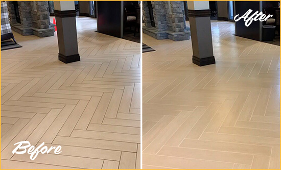 Before and After Picture of a Hockessin Lobby Floor Cleaned to Even the Grout Color