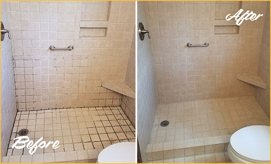 Before and After Picture of a New Castle Shower Grout Cleaned to Remove Mold