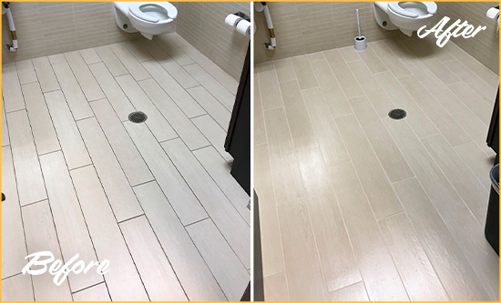Before and After Picture of a Little Creek Office Restroom's Grout Cleaned to Remove Dirt