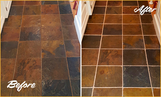 Before and After Picture of St. Georges Slate Floor Grout Cleaned to Remove Dirt