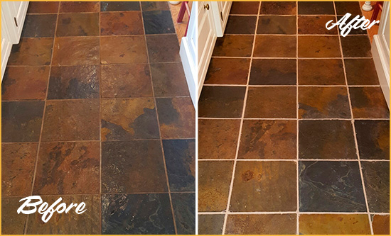 Before and After Picture of Greenville Slate Floor Grout Cleaned to Remove Dirt