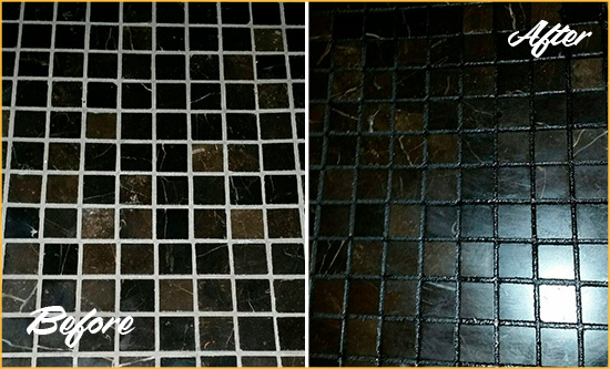 Before and After Picture of a Ardentown Black Floor with Recolored Grout