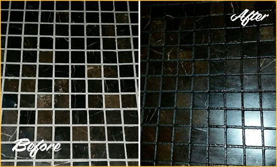 Before and After Picture of a Cheswold Black Floor with Recolored Grout