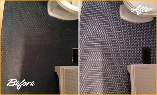 Before and After Picture of a Townsend Blue Tile Floor Recolored Grout