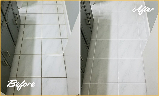 Before and After Picture of a Arden White Ceramic Tile with Recolored Grout