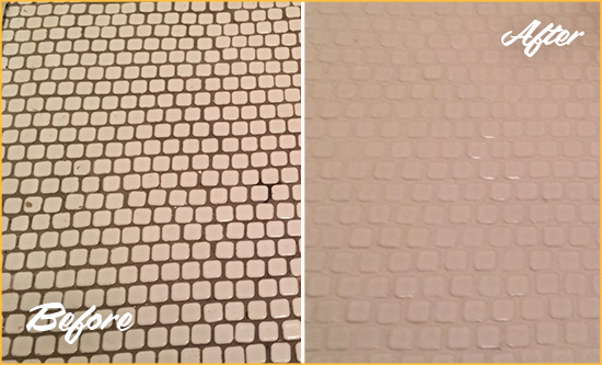 Before and After Picture of a Stanton White Mosaic Tile Recolored Grout