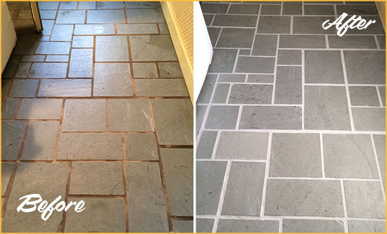 Before and After Picture of Damaged Townsend Slate Floor with Sealed Grout
