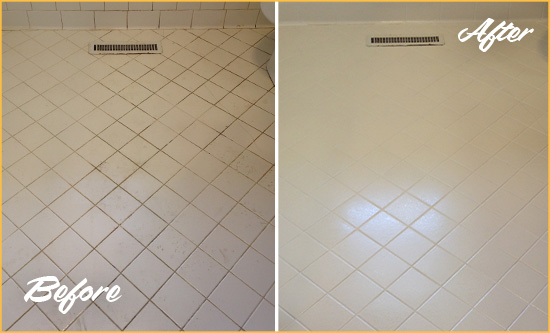 Before and After Picture of a Little Creek White Bathroom Floor Grout Sealed for Extra Protection