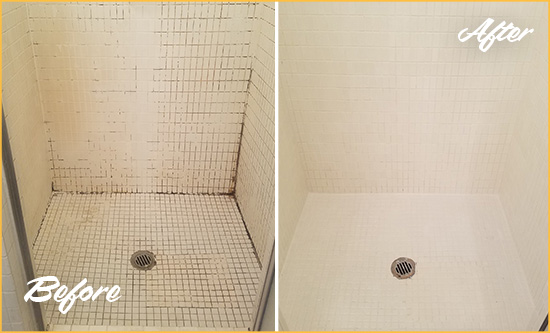 Before and After Picture of a Marshallton Bathroom Grout Sealed to Remove Mold