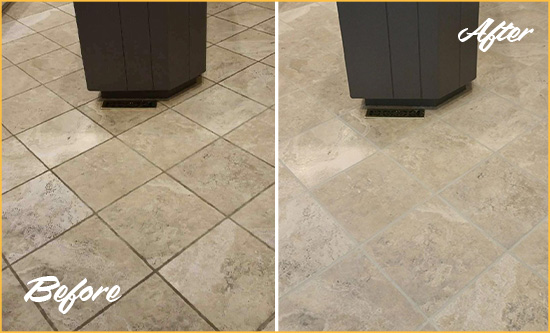 Before and After Picture of a Magnolia Kitchen Floor Grout Sealed to Remove Stains