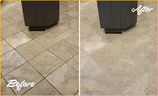 Before and After Picture of a Montchanin Kitchen Floor Grout Sealed to Remove Stains