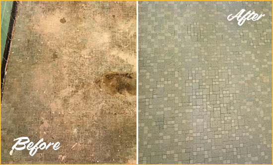 Before and After Picture of a Newark Mosaic Shower Cleaned to Eliminate Embedded Dirt