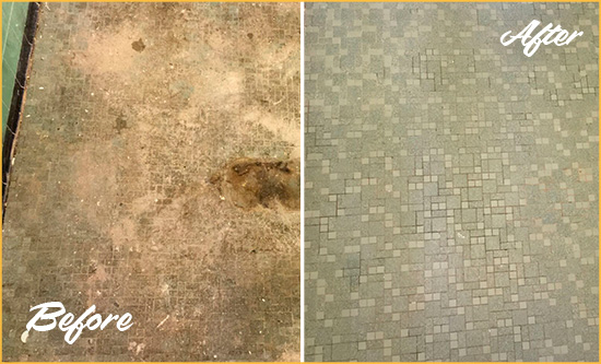 Before and After Picture of a Hartly Mosaic Shower Cleaned to Eliminate Embedded Dirt