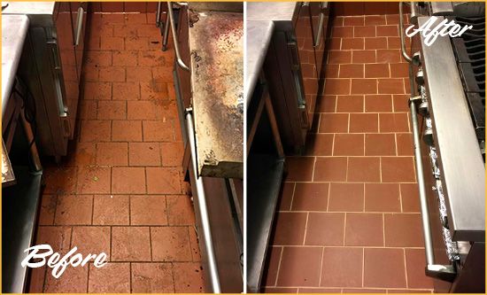 Before and After Picture of a Dull Ardencroft Restaurant Kitchen Floor Cleaned to Remove Grease Build-Up