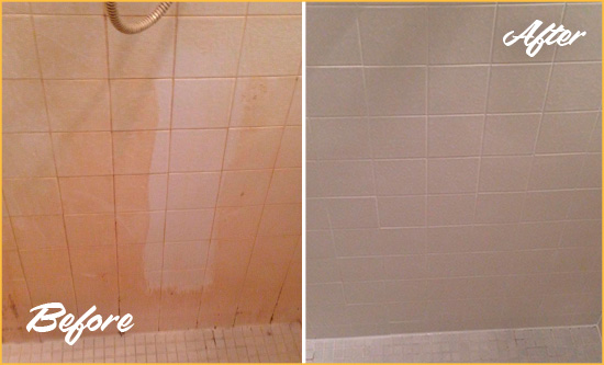 Before and After Picture of a Talleyville Porcelaine Shower Cleaned to Remove Soap Scum