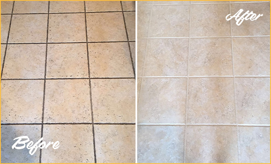 Before and After Picture of a St. Georges Ceramic Floor Cleaned to Remove Soil