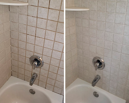 Tile Shower Before and After a Grout Cleaning in Smyrna