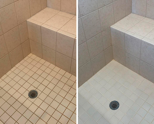 Shower Floor and Walls Before and After a Tile Cleaning in Magnolia