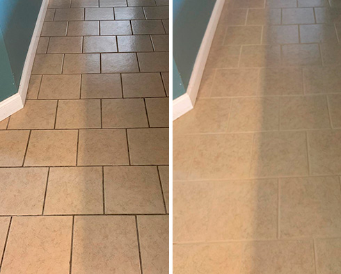 Tile Floor Before and After a Grout Cleaning in Greenville