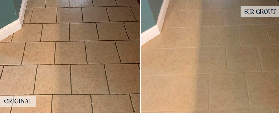 Tile Floor Before and After a Grout Cleaning in Greenville