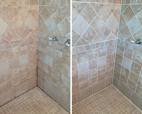 A Picture of a Shower Before and After a Tile Sealing in Dewey Beach, DE