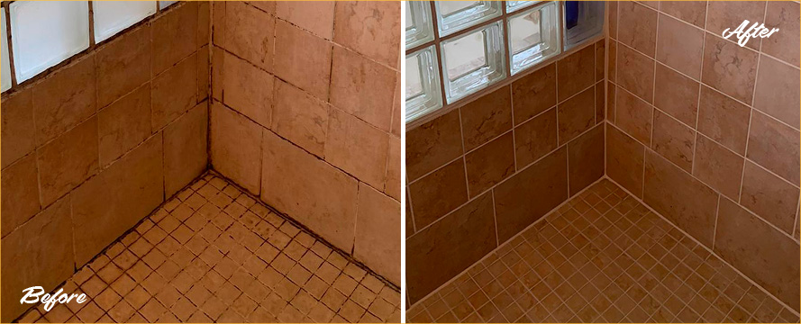 Before and After Picture of a Shower After a Tile Sealing in Dewey Beach, DE