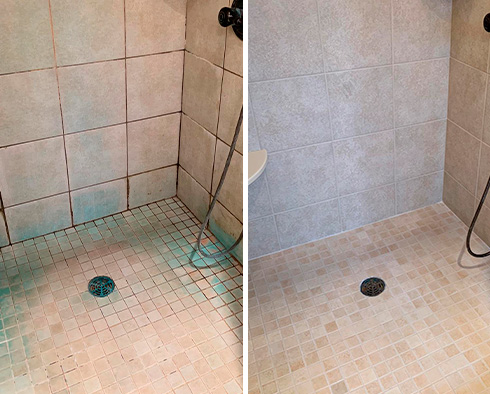 Before and After Porcelain Shower Grout Recoloring in Wilmington, De