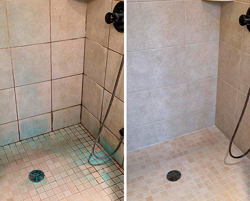 Tile Shower Before and After a Grout Recoloring in Wilmington, DE