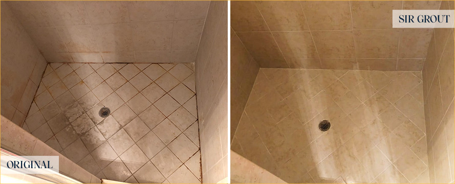 Shower Floor Before and After a Grout Cleaning in Middletown, DE