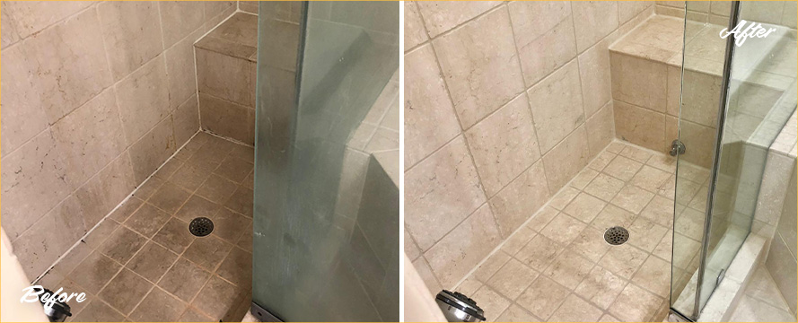 Shower Stall Before and After a Stone Cleaning in Wilmington