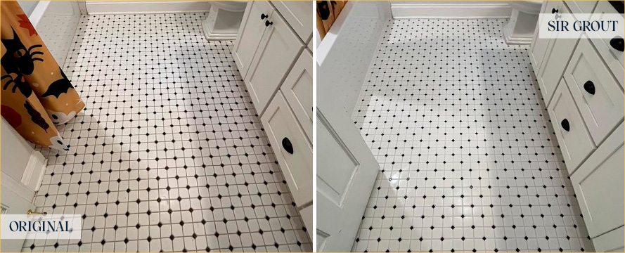 Bathroom Floor Before and After a Grout Cleaning in Wilmington