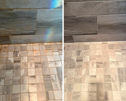 Shower Floor and Wall Before and After a Tile Cleaning in Wilmington
